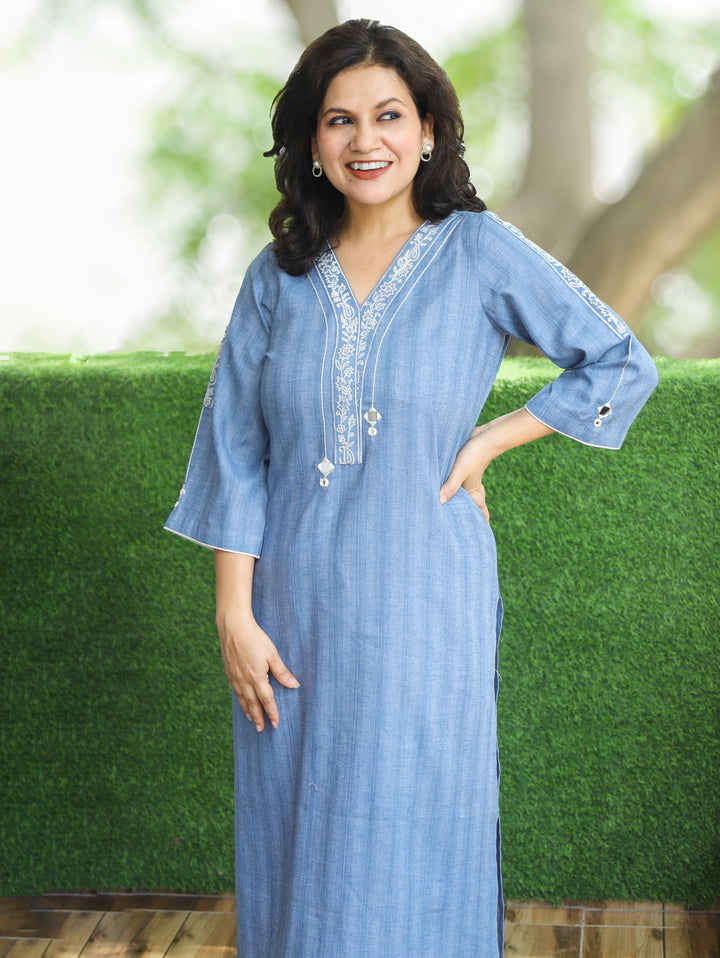 Tisha Bluish Grey Embroidered Patch Brush Linen Kurti