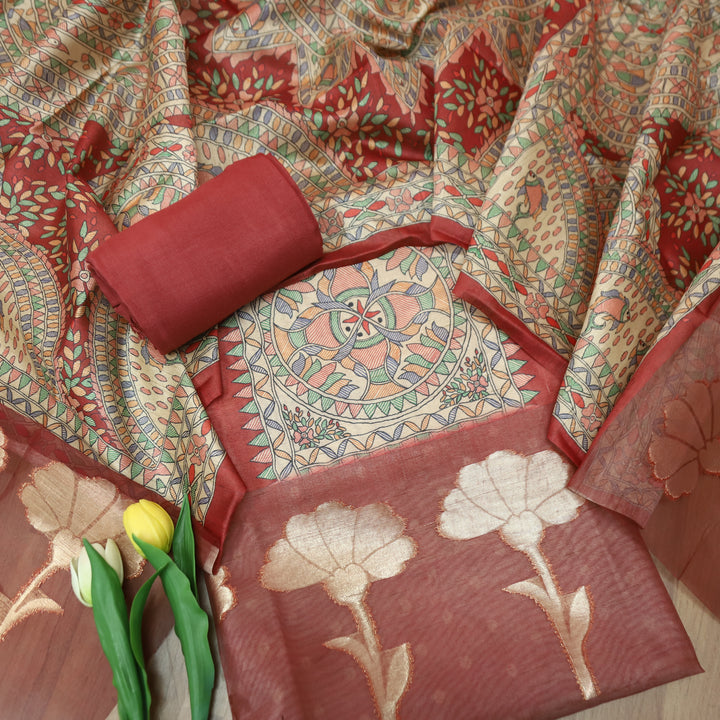 Saheli Bride Red Madhubani Print with Zari Detailing Korean Tussar Chanderi Set