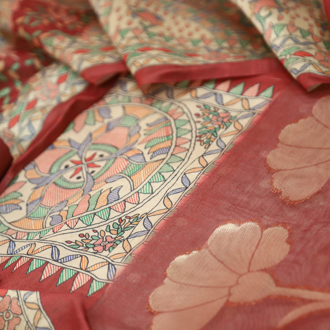 Saheli Bride Red Madhubani Print with Zari Detailing Korean Tussar Chanderi Set