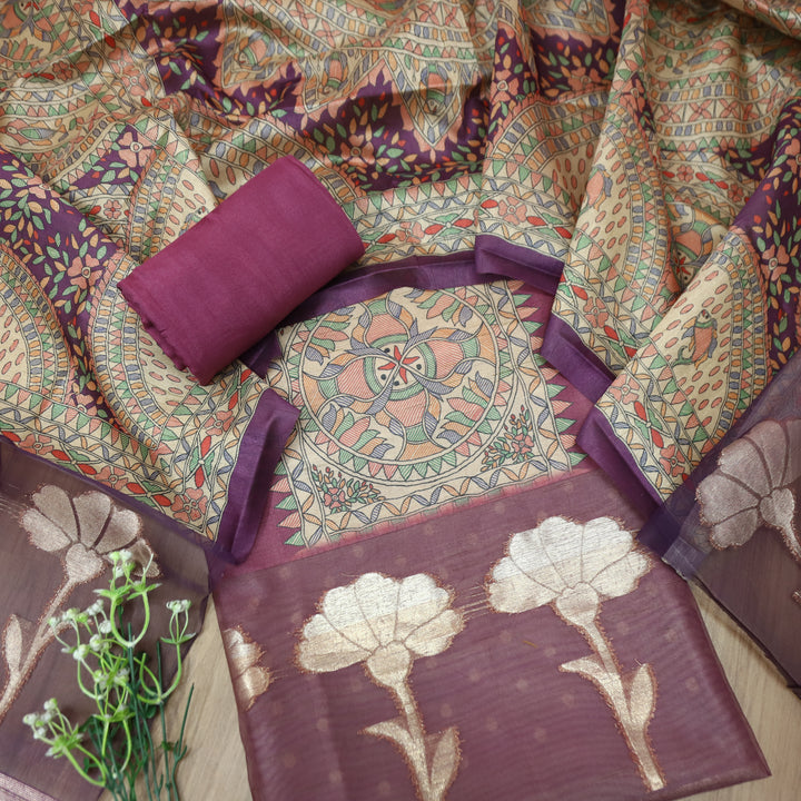 Saheli Raisin Purple Madhubani Print with Zari Detailing Korean Tussar Chanderi Set