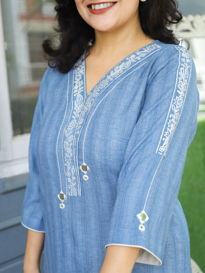 Tisha Bluish Grey Embroidered Patch Brush Linen Kurti
