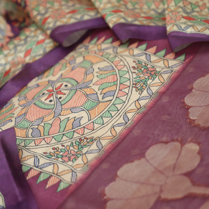 Saheli Raisin Purple Madhubani Print with Zari Detailing Korean Tussar Chanderi Set