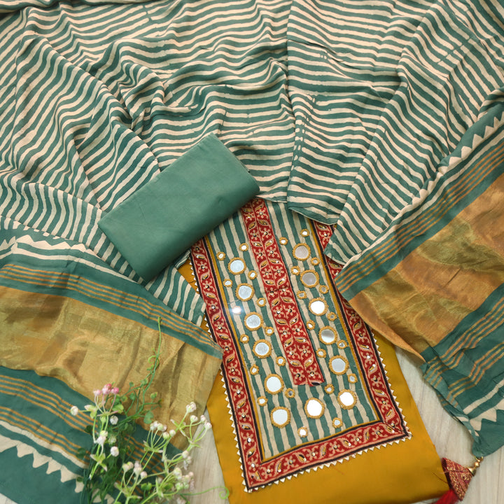 Farnaz Canary Yellow Mirror Work Glazed Cotton Top with Gajji Silk Dupatta