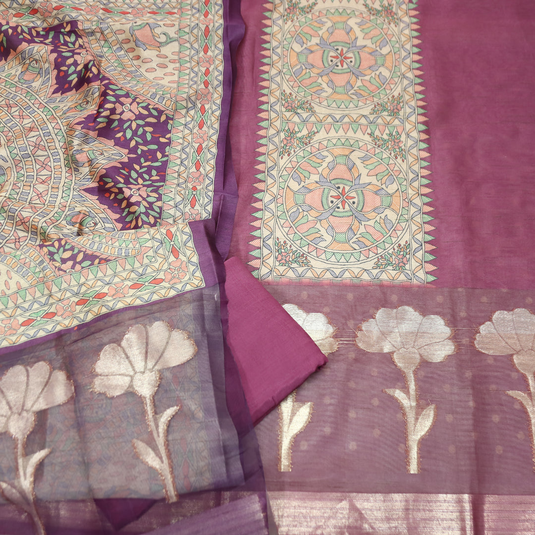 Saheli Raisin Purple Madhubani Print with Zari Detailing Korean Tussar Chanderi Set