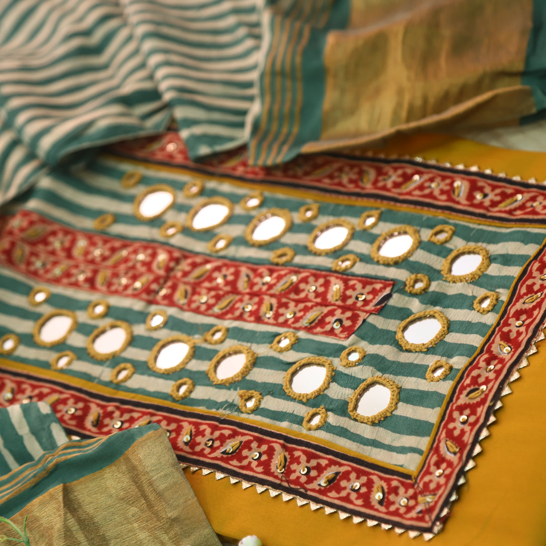 Farnaz Canary Yellow Mirror Work Glazed Cotton Top with Gajji Silk Dupatta