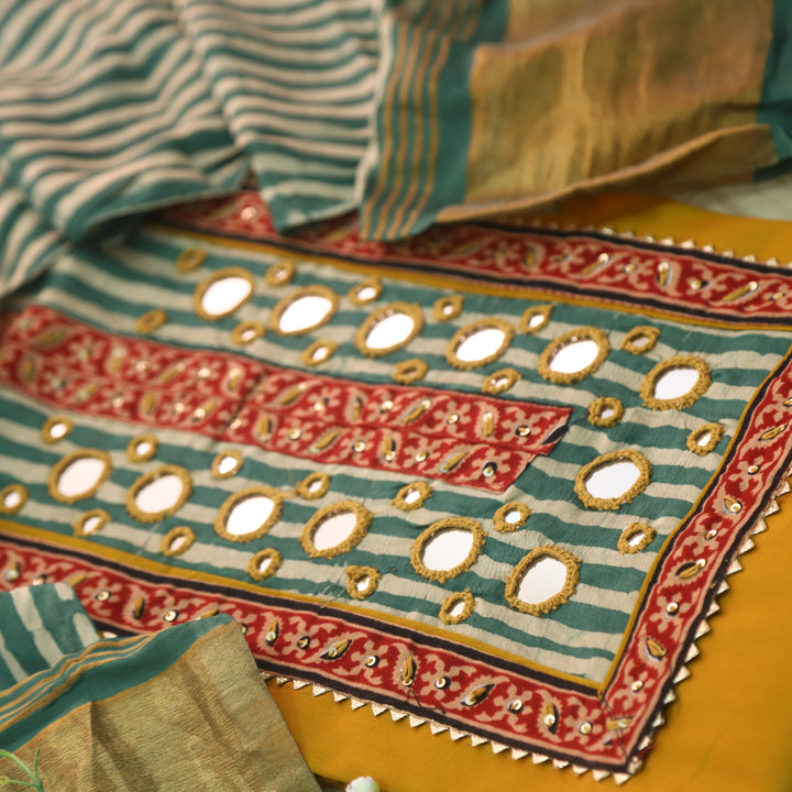 Farnaz Canary Yellow Mirror Work Glazed Cotton Top with Gajji Silk Dupatta