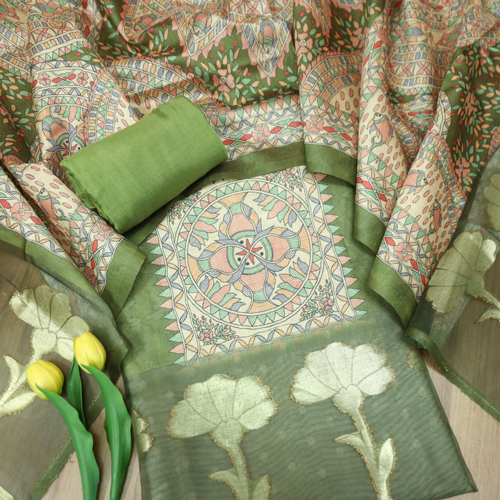 Saheli Grass Green Madhubani Print with Zari Detailing Korean Tussar Chanderi Set