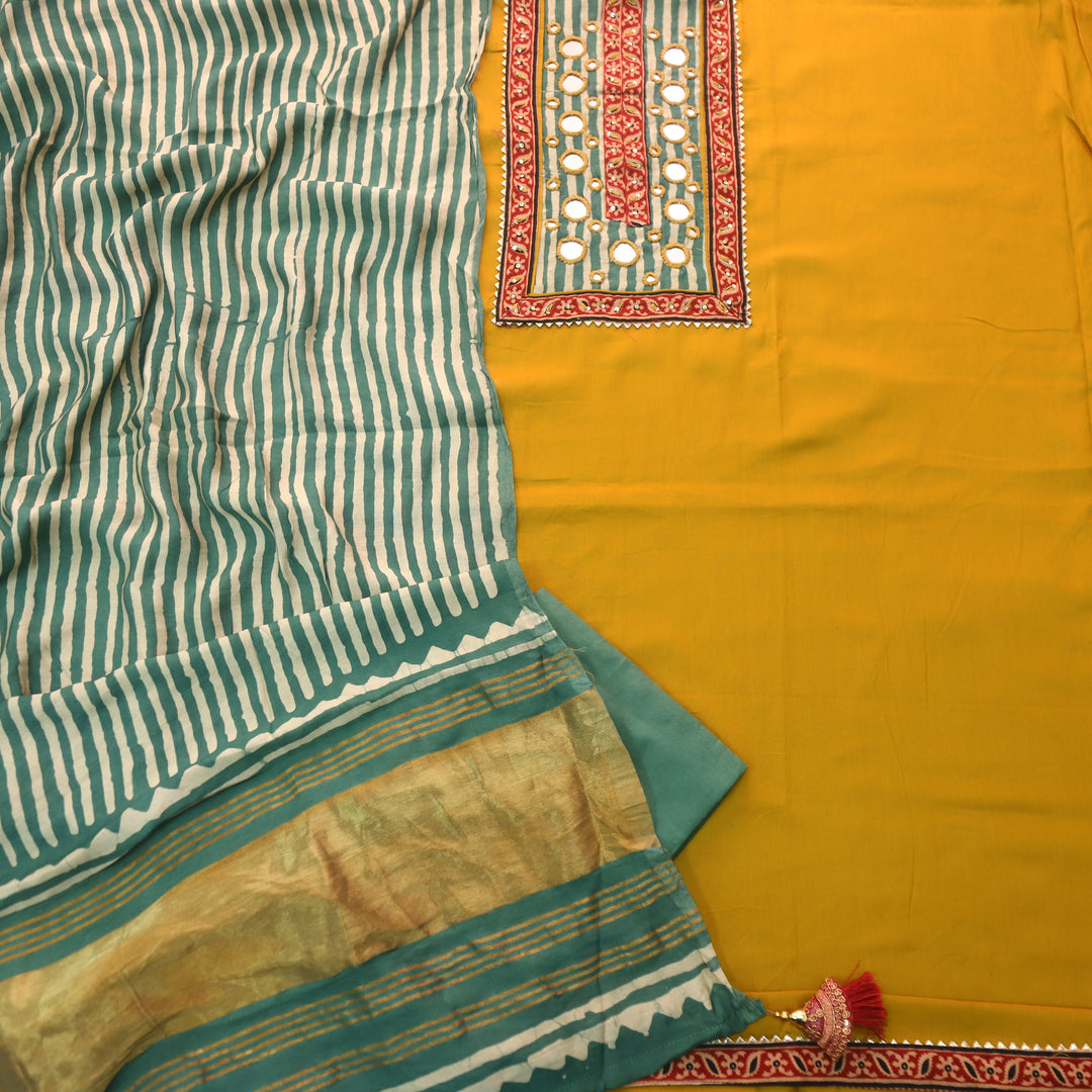 Farnaz Canary Yellow Mirror Work Glazed Cotton Top with Gajji Silk Dupatta
