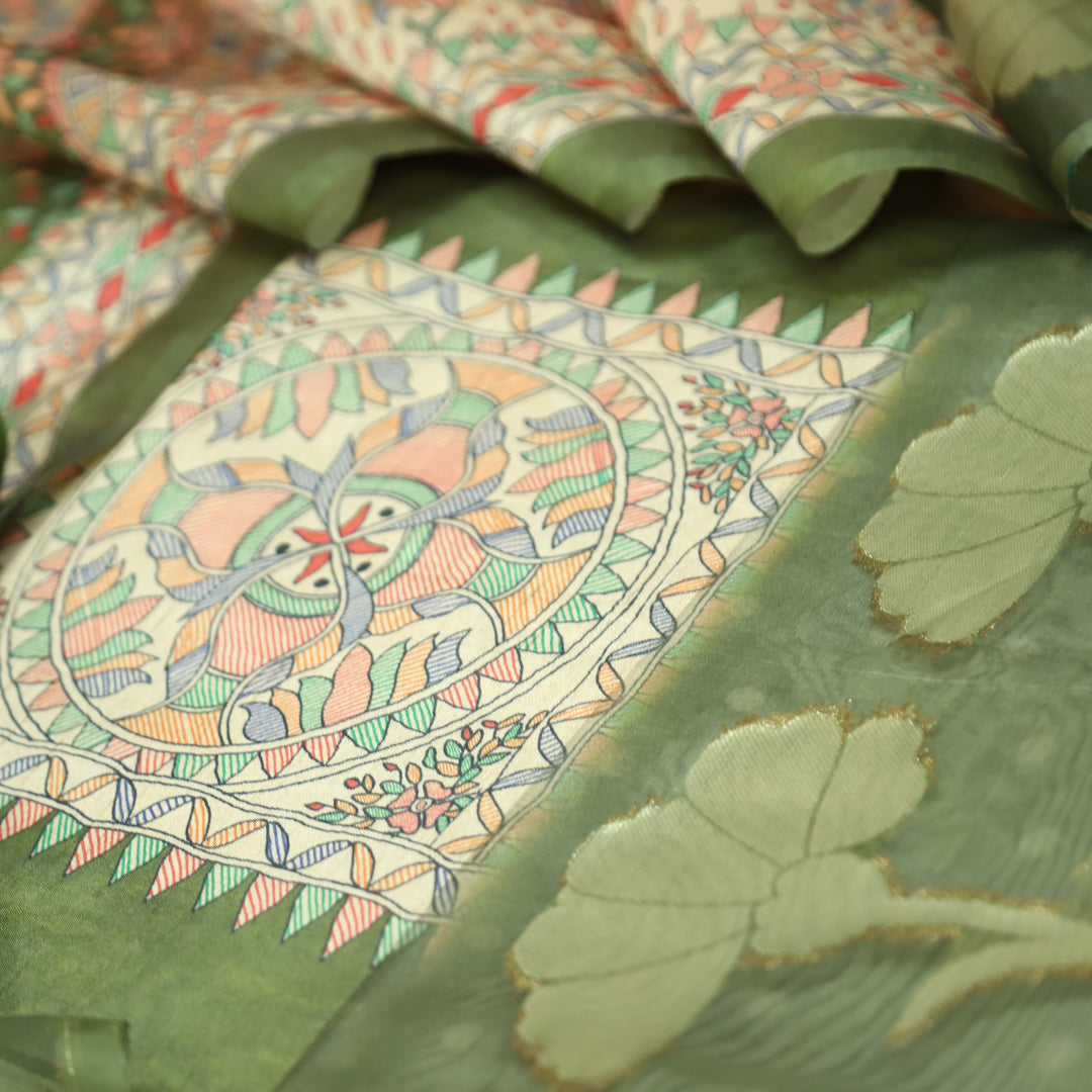 Saheli Grass Green Madhubani Print with Zari Detailing Korean Tussar Chanderi Set