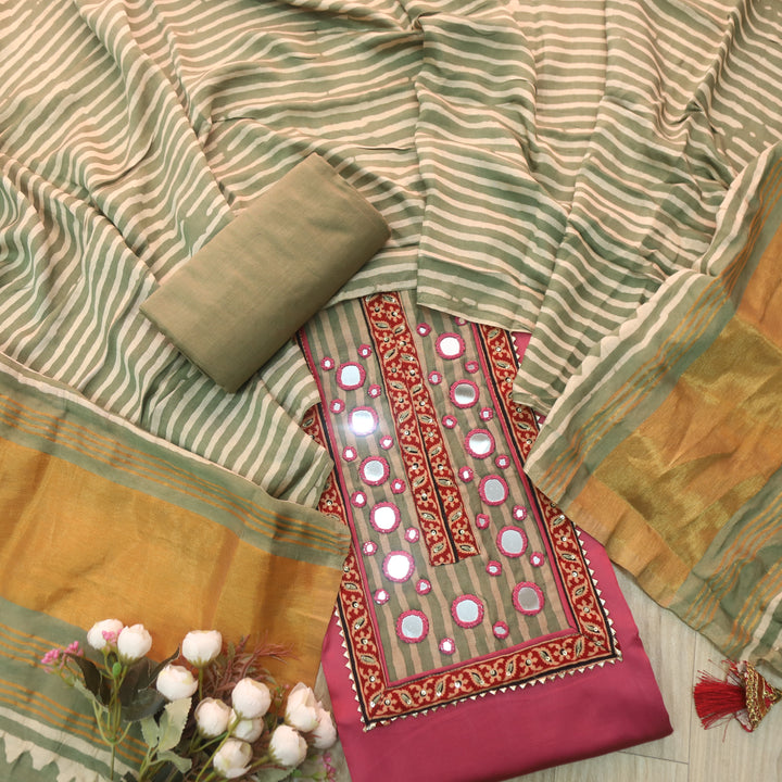 Farnaz Candy Pink Mirror Work Glazed Cotton Top with Gajji Silk Dupatta