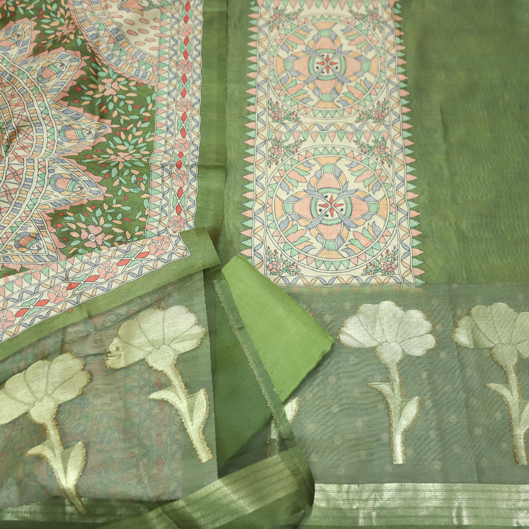 Saheli Grass Green Madhubani Print with Zari Detailing Korean Tussar Chanderi Set