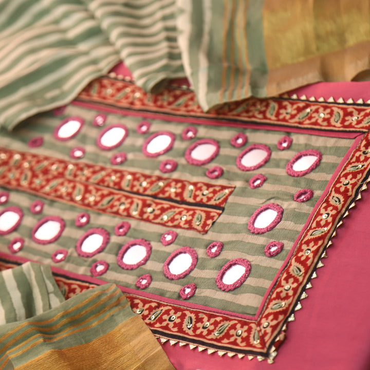Farnaz Candy Pink Mirror Work Glazed Cotton Top with Gajji Silk Dupatta