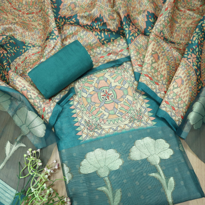Saheli Cerulean Teal Madhubani Print with Zari Detailing Korean Tussar Chanderi Set