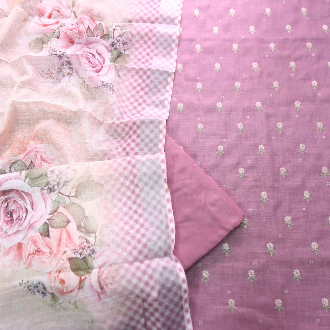 Bulbul Helio Mauve Floral Cross-Stitch Buti Work Cotton Linen Set