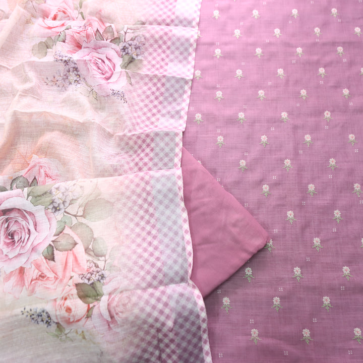 Bulbul Helio Mauve Floral Cross-Stitch Buti Work Cotton Linen Set