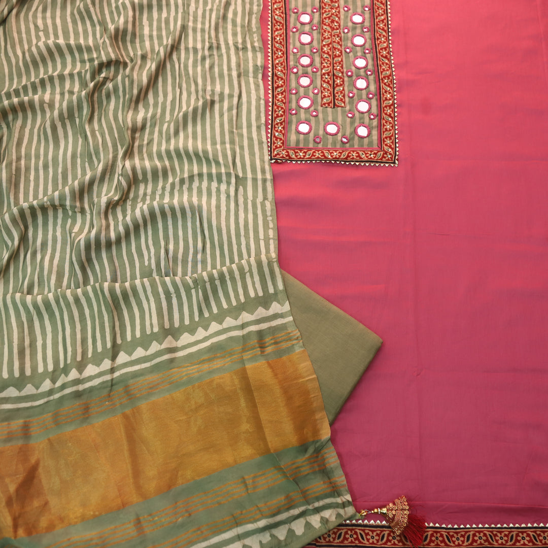 Farnaz Candy Pink Mirror Work Glazed Cotton Top with Gajji Silk Dupatta