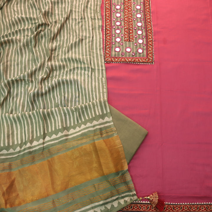 Farnaz Candy Pink Mirror Work Glazed Cotton Top with Gajji Silk Dupatta
