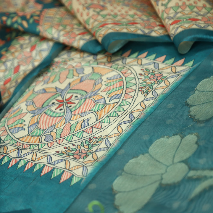 Saheli Cerulean Teal Madhubani Print with Zari Detailing Korean Tussar Chanderi Set