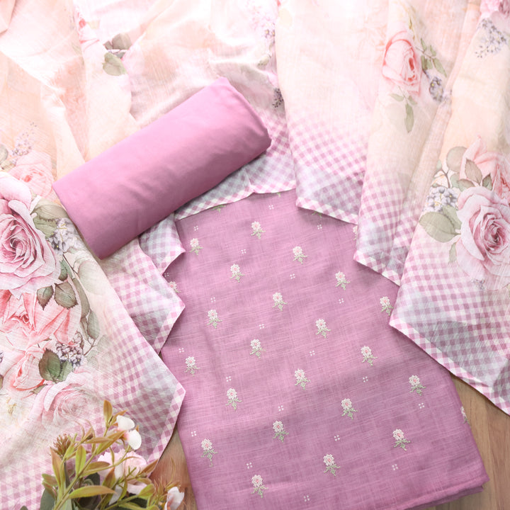 Bulbul Helio Mauve Floral Cross-Stitch Buti Work Cotton Linen Set