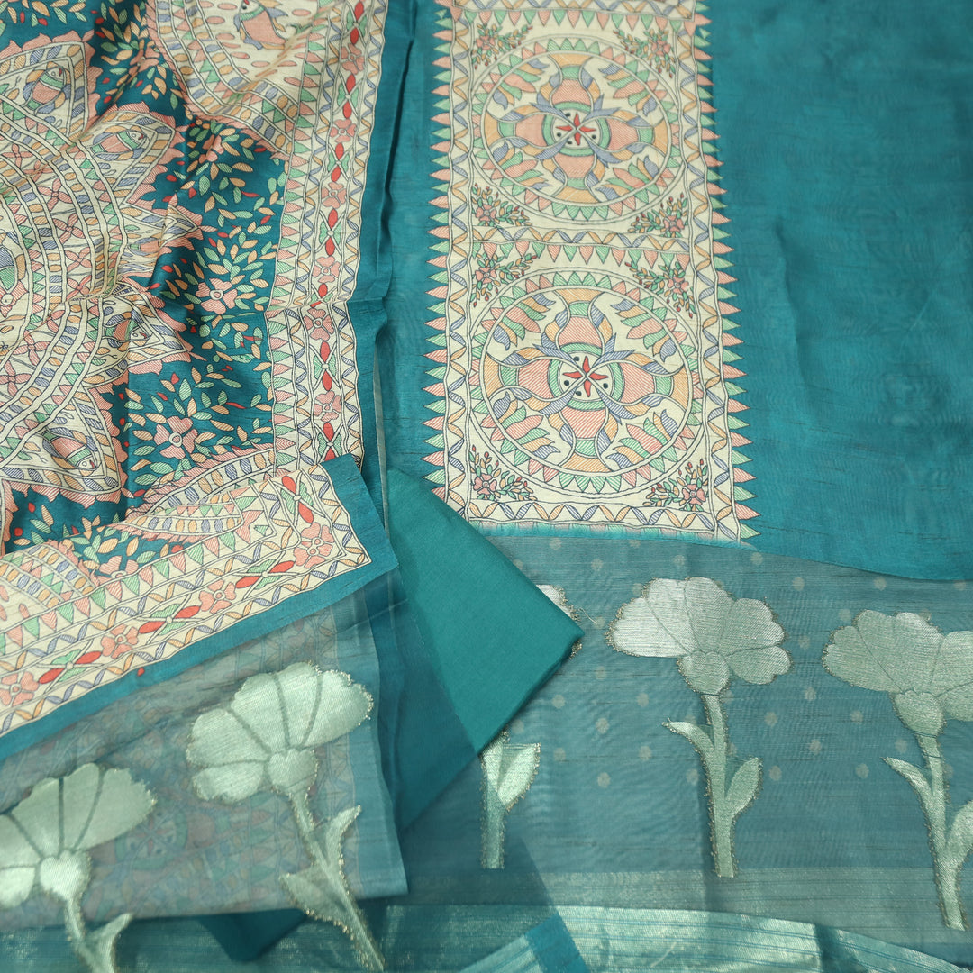 Saheli Cerulean Teal Madhubani Print with Zari Detailing Korean Tussar Chanderi Set
