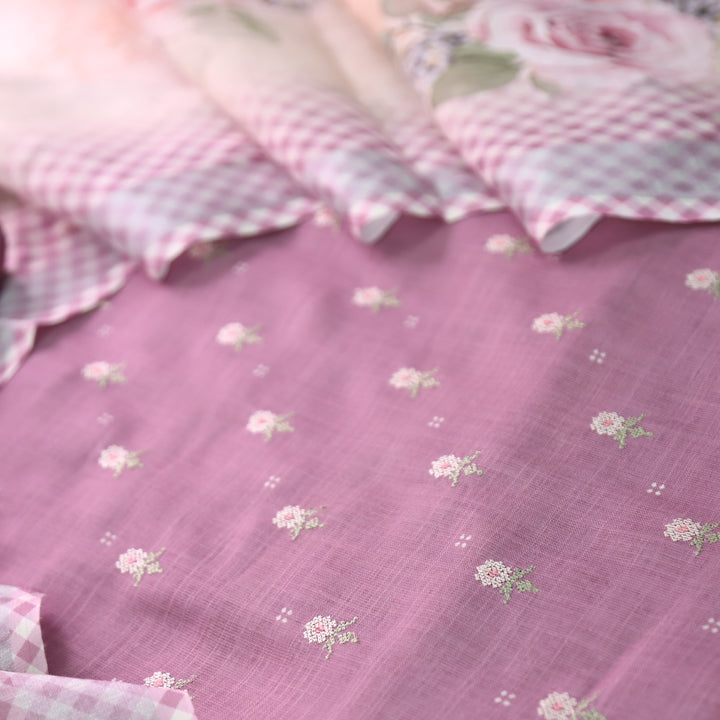 Bulbul Helio Mauve Floral Cross-Stitch Buti Work Cotton Linen Set