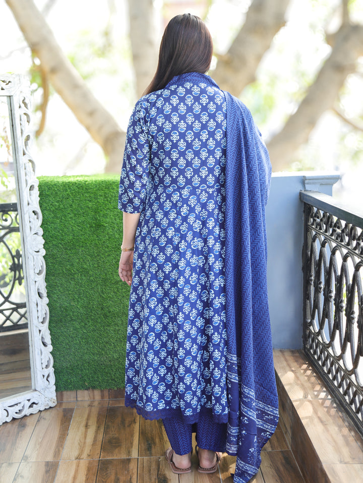 Anjani Indigo Blue V Neck Dabu Printed Anarkali Cotton 3 Piece Set D2