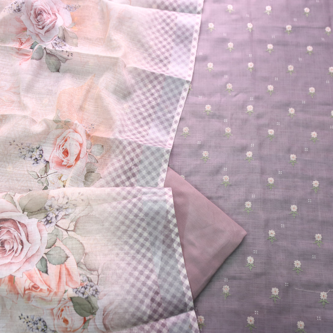 Bulbul Fossil Grey Floral Cross-Stitch Buti Work Cotton Linen Set