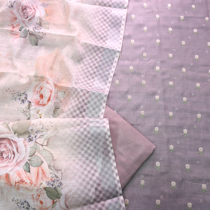 Bulbul Fossil Grey Floral Cross-Stitch Buti Work Cotton Linen Set