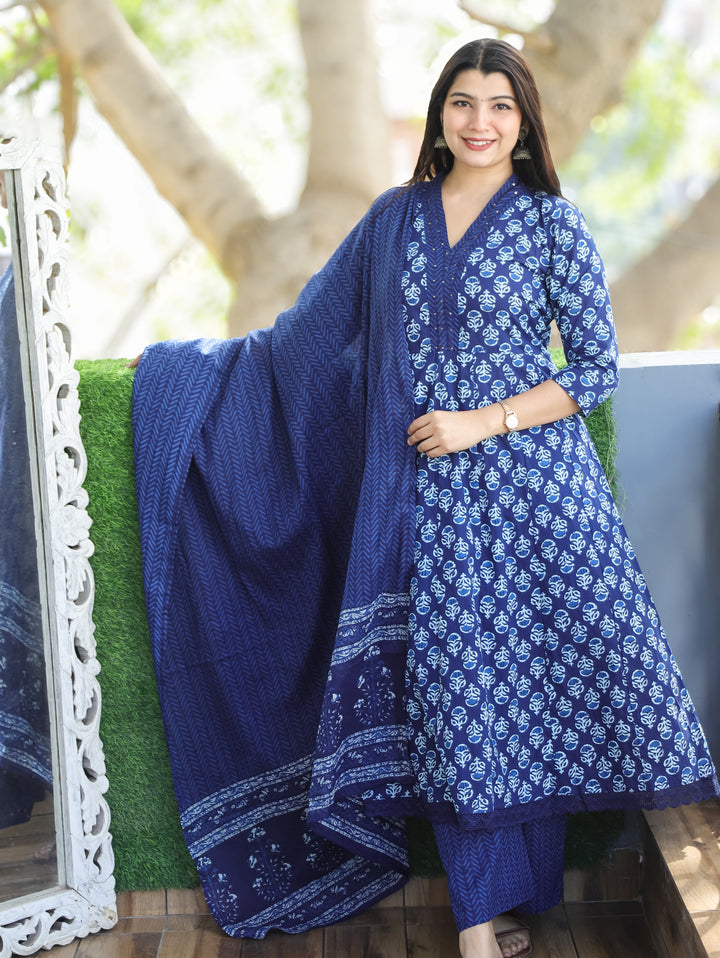 Anjani Indigo Blue V Neck Dabu Printed Anarkali Cotton 3 Piece Set D2