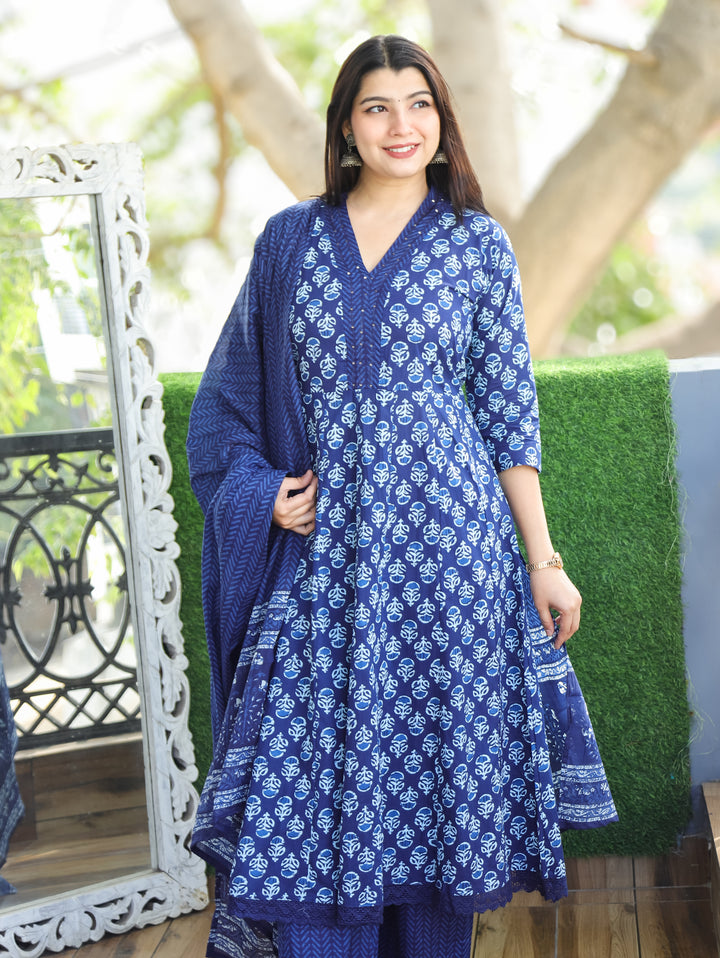 Anjani Indigo Blue V Neck Dabu Printed Anarkali Cotton 3 Piece Set D2