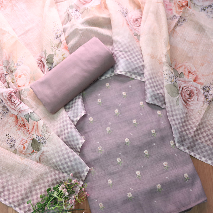 Bulbul Fossil Grey Floral Cross-Stitch Buti Work Cotton Linen Set