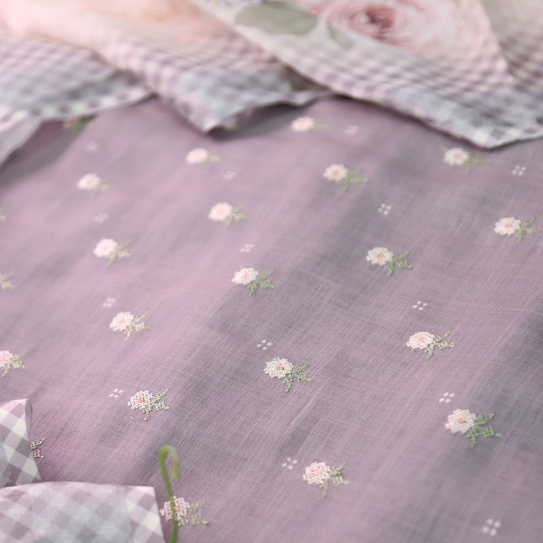 Bulbul Fossil Grey Floral Cross-Stitch Buti Work Cotton Linen Set