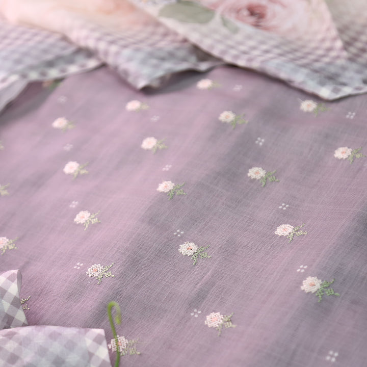 Bulbul Fossil Grey Floral Cross-Stitch Buti Work Cotton Linen Set