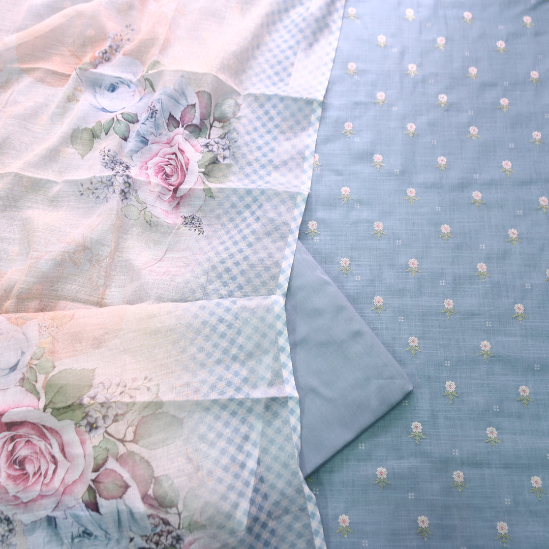 Bulbul Greish Blue Floral Cross-Stitch Buti Work Cotton Linen Set