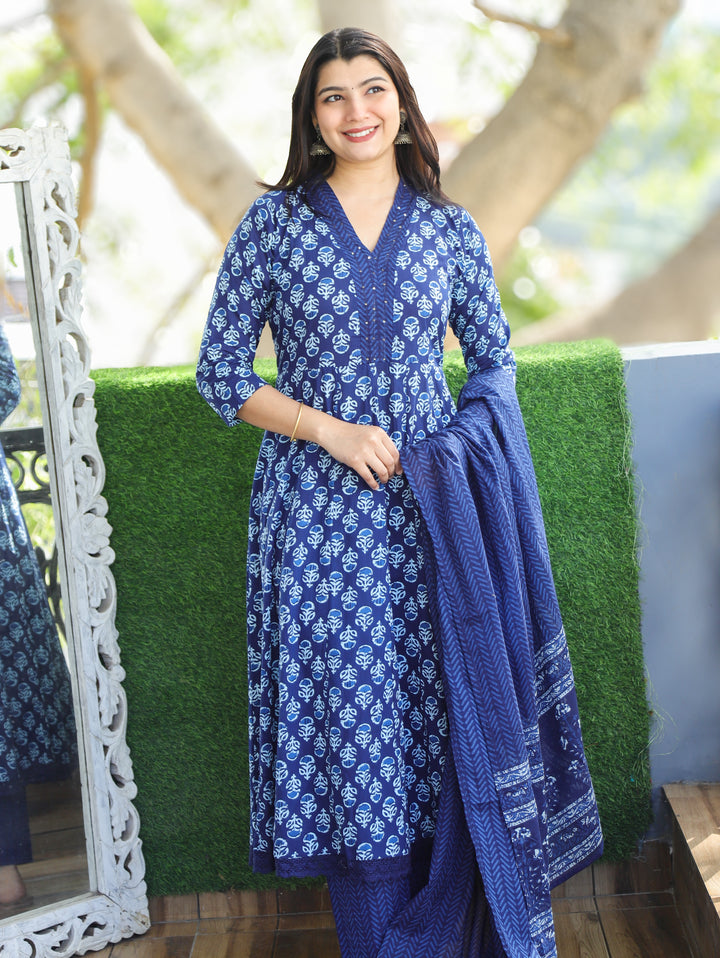 Anjani Indigo Blue V Neck Dabu Printed Anarkali Cotton 3 Piece Set D2