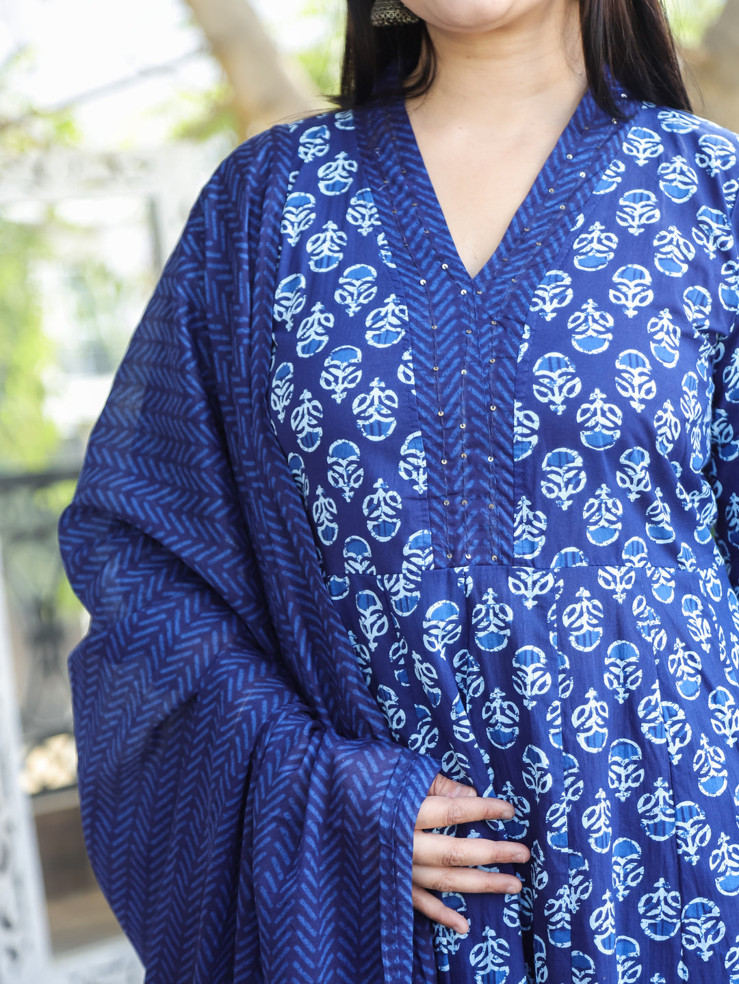 Anjani Indigo Blue V Neck Dabu Printed Anarkali Cotton 3 Piece Set D2