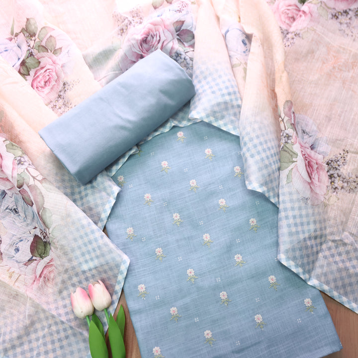 Bulbul Greish Blue Floral Cross-Stitch Buti Work Cotton Linen Set