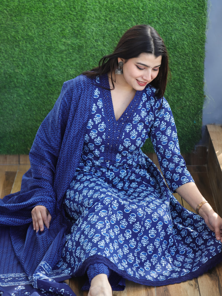 Anjani Indigo Blue V Neck Dabu Printed Anarkali Cotton 3 Piece Set D2