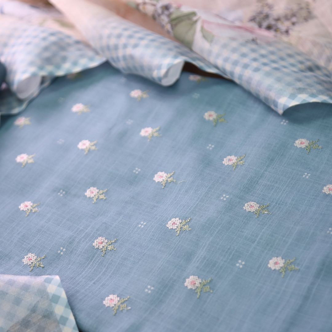 Bulbul Greish Blue Floral Cross-Stitch Buti Work Cotton Linen Set