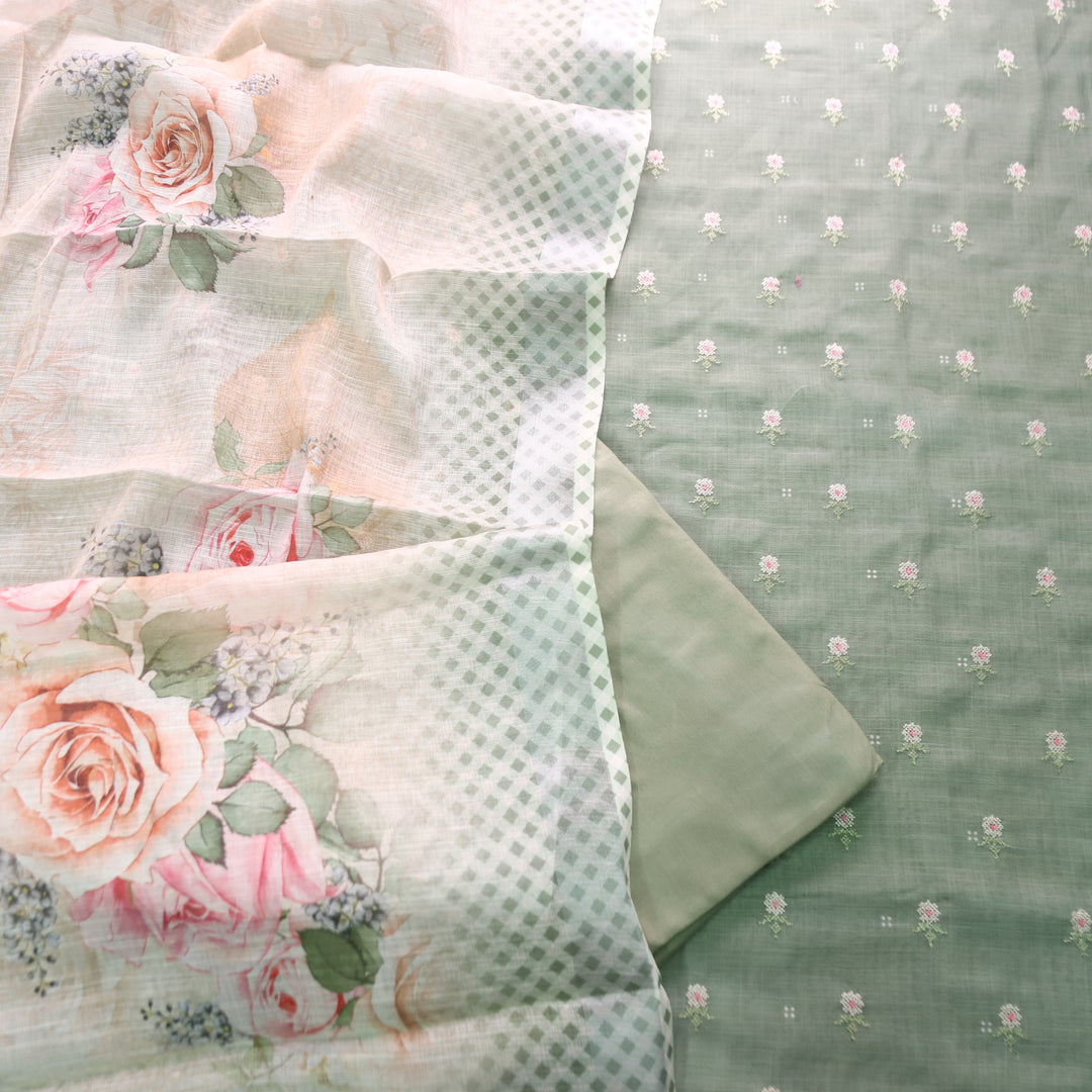 Bulbul Sage Green Floral Cross-Stitch Buti Work Cotton Linen Set