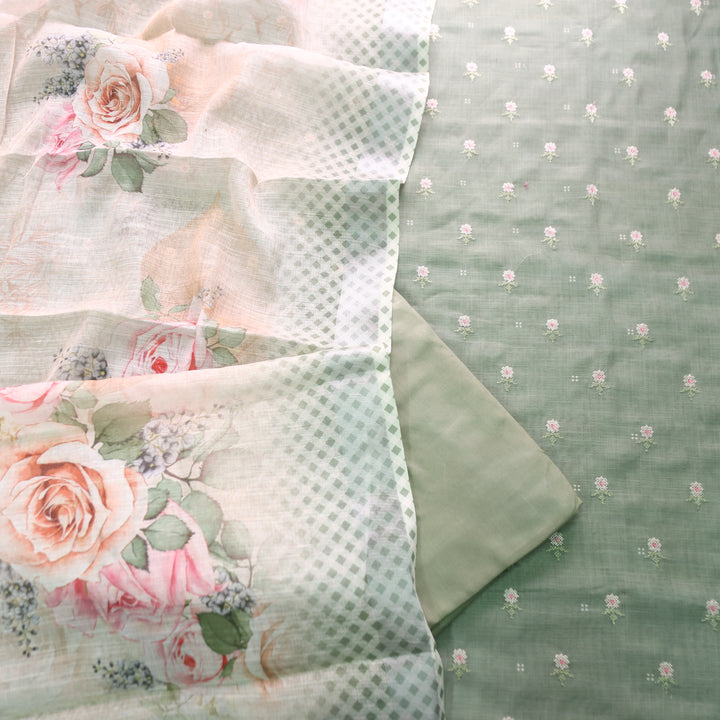 Bulbul Sage Green Floral Cross-Stitch Buti Work Cotton Linen Set