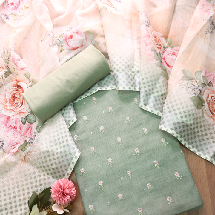 Bulbul Sage Green Floral Cross-Stitch Buti Work Cotton Linen Set