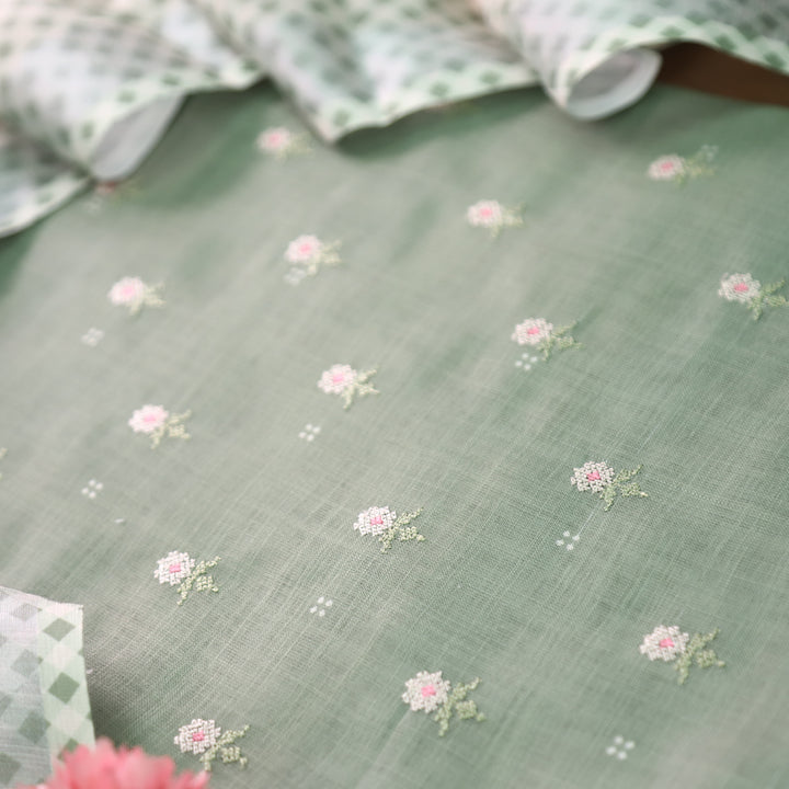 Bulbul Sage Green Floral Cross-Stitch Buti Work Cotton Linen Set