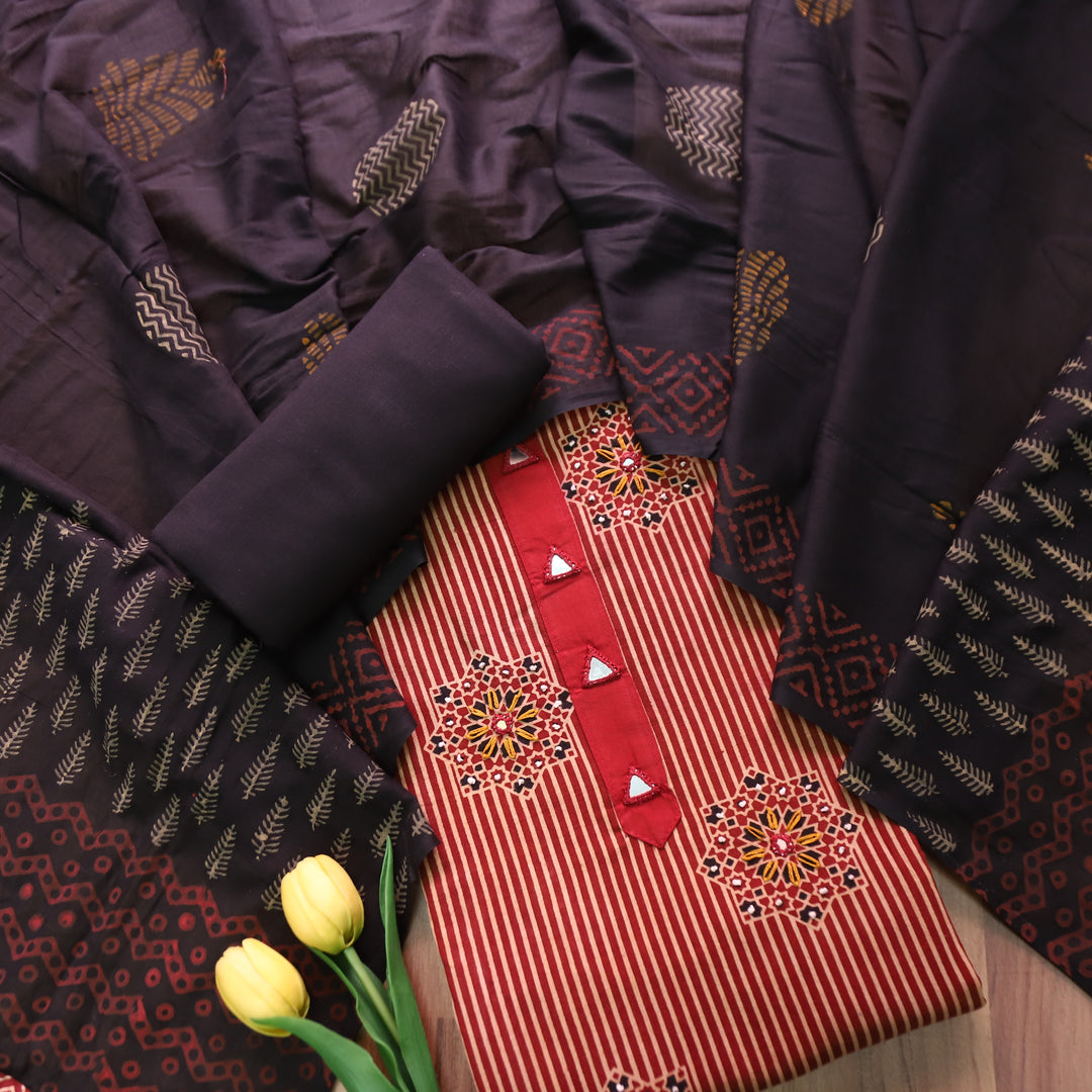 Roshni Cherry Red Mirror Work in Stripe Ajrak Print Cotton Set