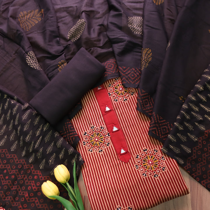 Roshni Cherry Red Mirror Work in Stripe Ajrak Print Cotton Set