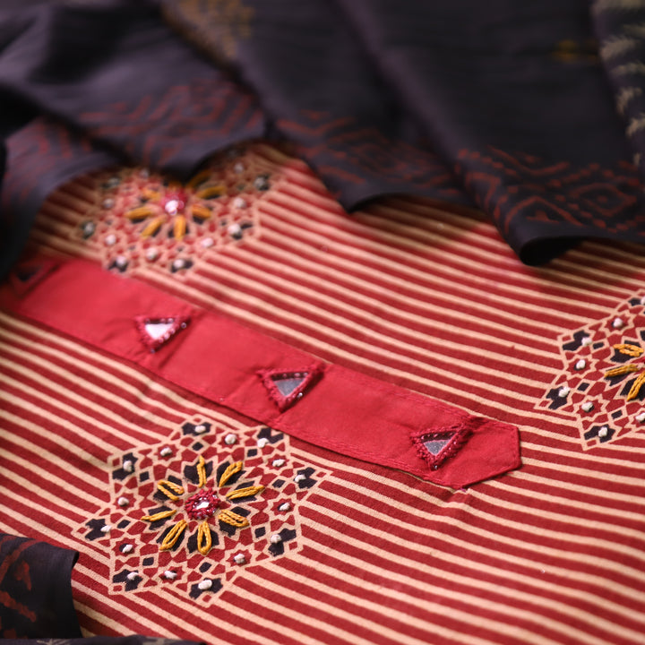 Roshni Cherry Red Mirror Work in Stripe Ajrak Print Cotton Set