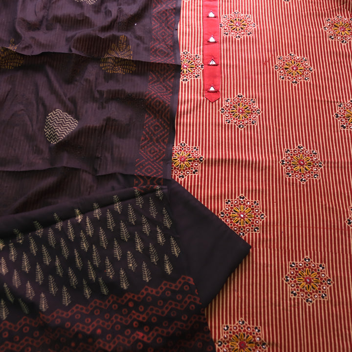 Roshni Cherry Red Mirror Work in Stripe Ajrak Print Cotton Set