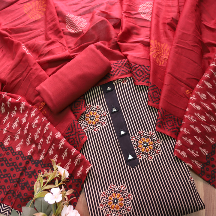 Roshni Ebony Black Mirror Work in Stripe Ajrak Print Cotton Set