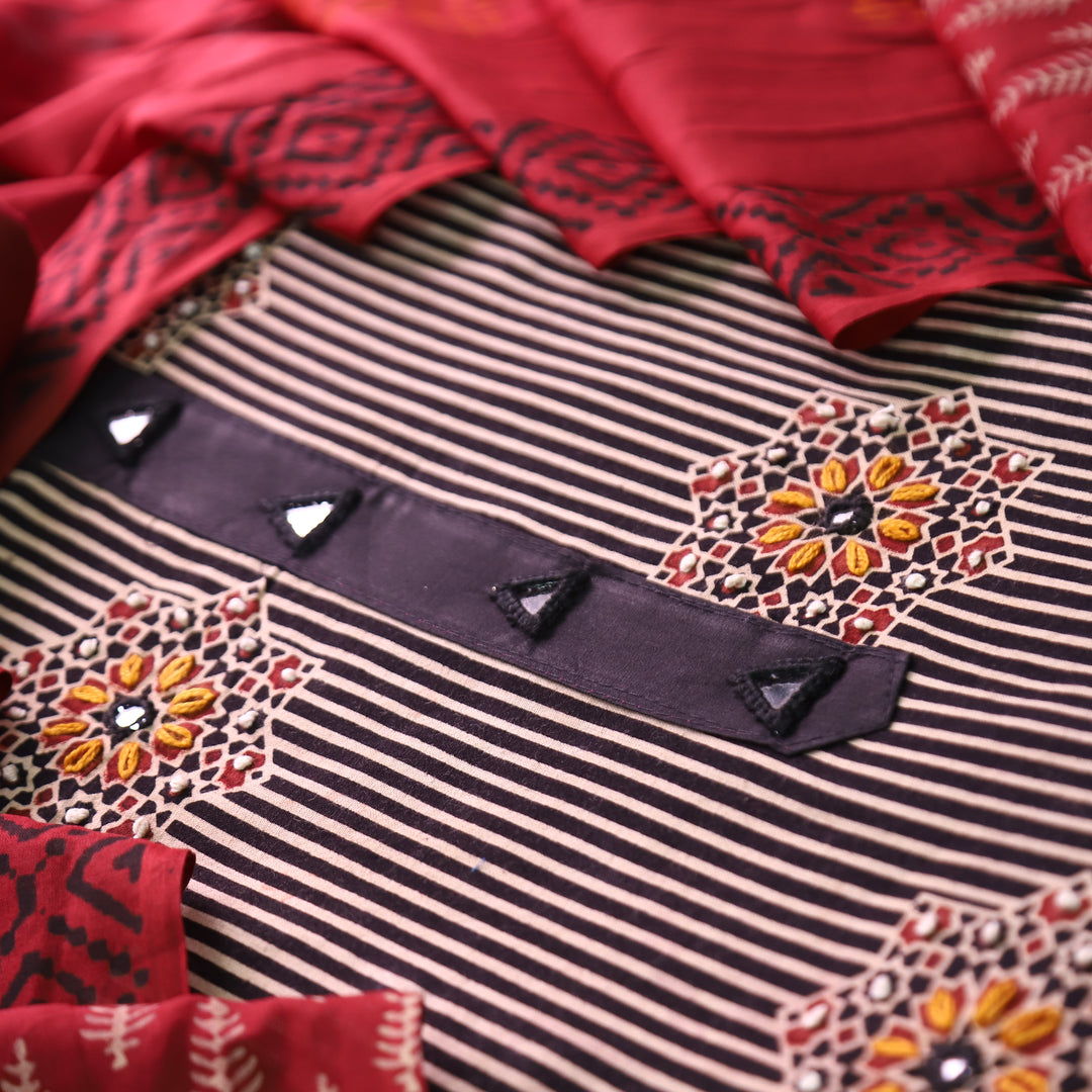 Roshni Ebony Black Mirror Work in Stripe Ajrak Print Cotton Set