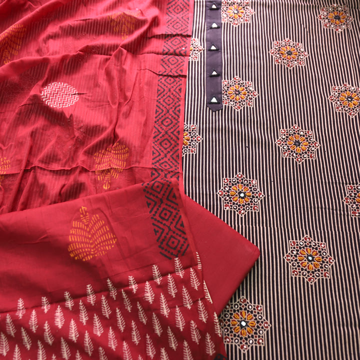 Roshni Ebony Black Mirror Work in Stripe Ajrak Print Cotton Set
